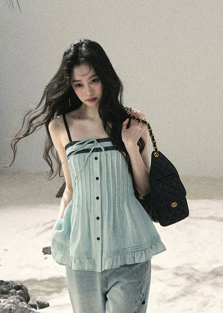 aomalm top, pleated cami top, seafoam summer top, korean fashion top, feminine summer blouse, contrast trim cami, peplum summer top, french style top women, slim fit cami top, elegant casual top, summer date outfit top, soft girl summer top