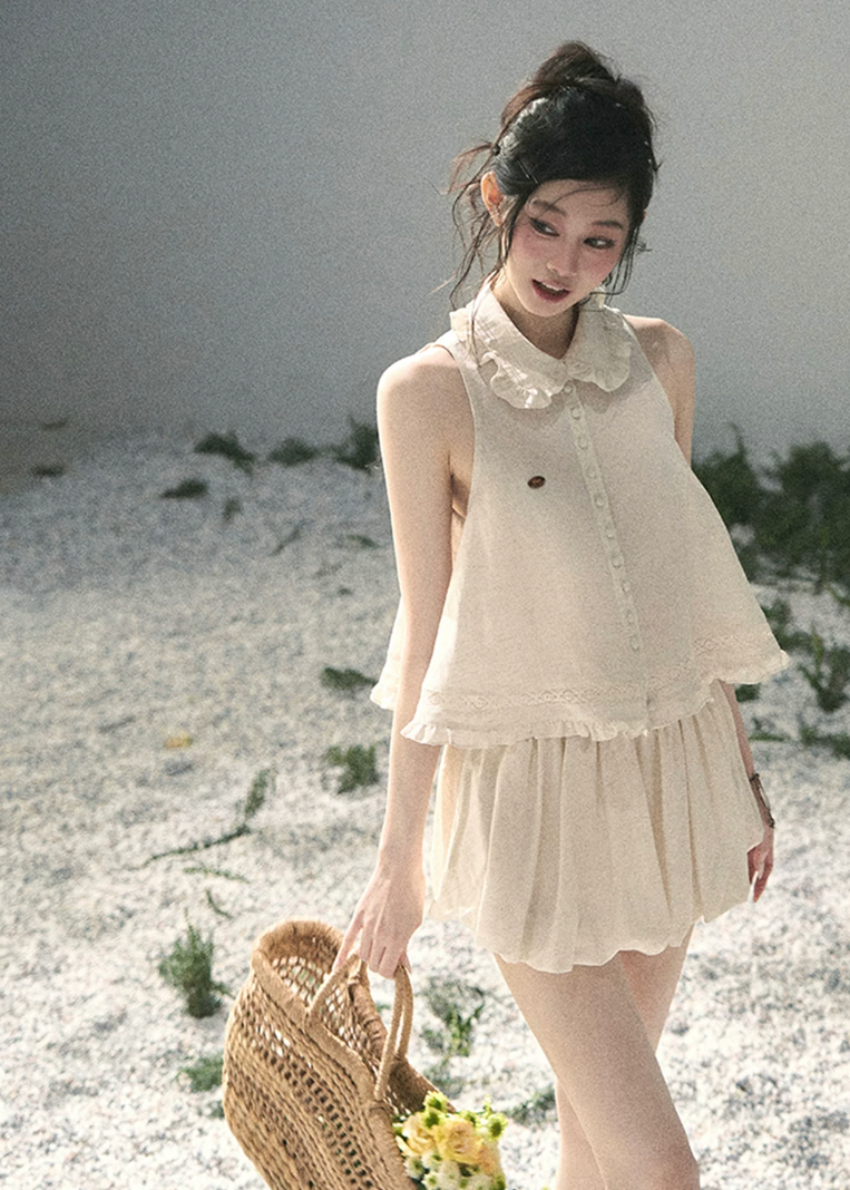 aomalm set, lace top set, ivory summer set, korean fashion set, feminine two piece set, romantic lace blouse, early summer outfit women, soft girl set, ivory skirt set, ivory pants set, elegant summer co ord, korean feminine outfit