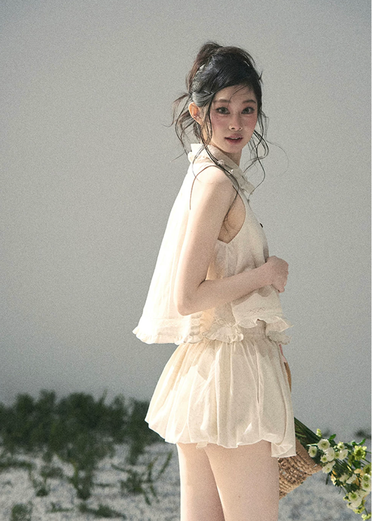 aomalm set, lace top set, ivory summer set, korean fashion set, feminine two piece set, romantic lace blouse, early summer outfit women, soft girl set, ivory skirt set, ivory pants set, elegant summer co ord, korean feminine outfit