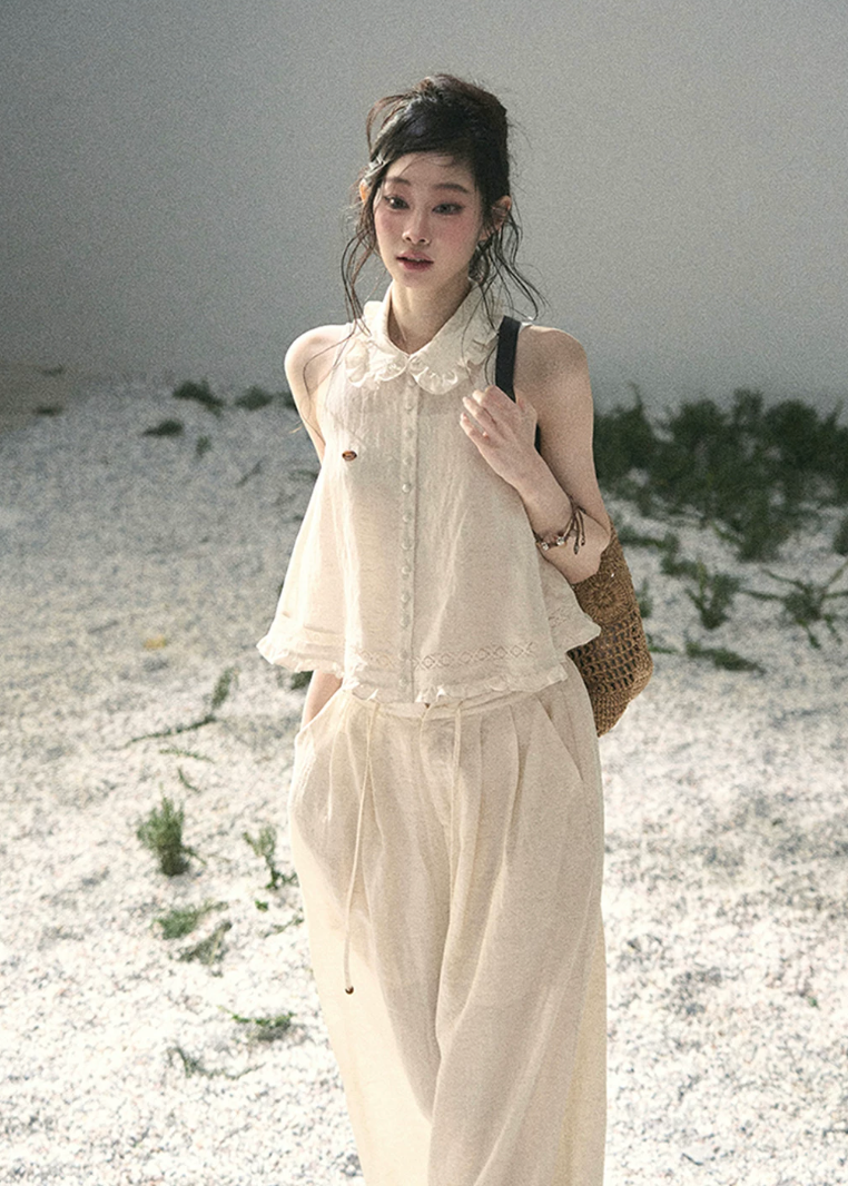 aomalm set, lace top set, ivory summer set, korean fashion set, feminine two piece set, romantic lace blouse, early summer outfit women, soft girl set, ivory skirt set, ivory pants set, elegant summer co ord, korean feminine outfit
