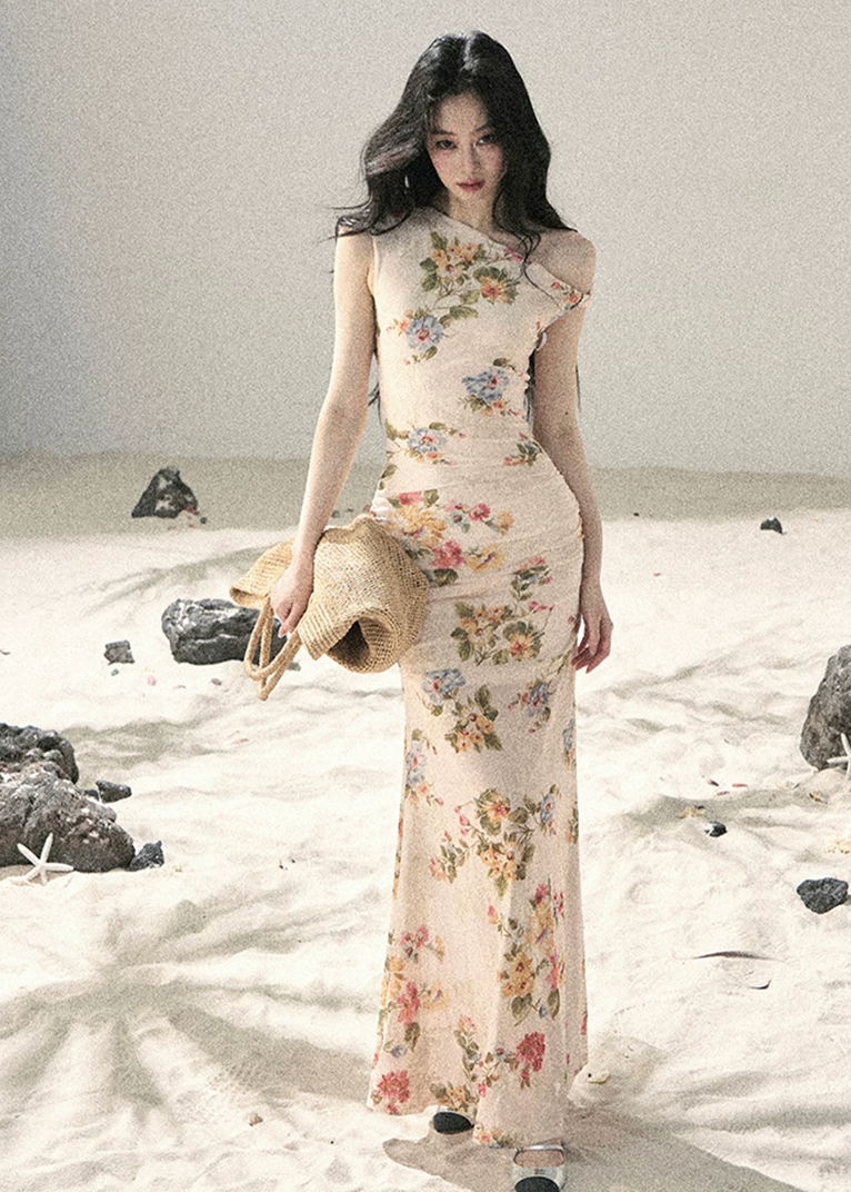 aomalm floral dress, mesh floral dress, one shoulder dress, korean feminine dress, romantic summer dress, bodycon floral dress, french style floral dress, mini floral dress, long floral dress, summer date dress, elegant mesh dress, soft girl floral outfit