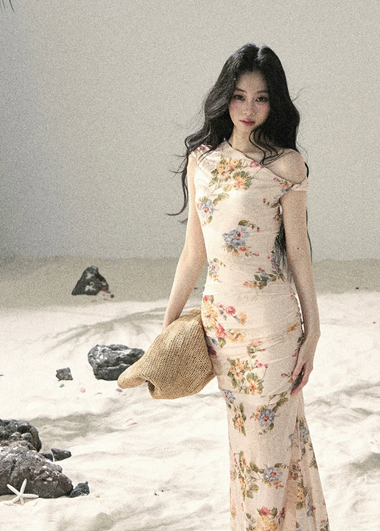 aomalm floral dress, mesh floral dress, one shoulder dress, korean feminine dress, romantic summer dress, bodycon floral dress, french style floral dress, mini floral dress, long floral dress, summer date dress, elegant mesh dress, soft girl floral outfit
