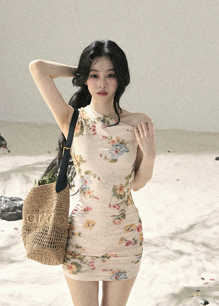 aomalm floral dress, mesh floral dress, one shoulder dress, korean feminine dress, romantic summer dress, bodycon floral dress, french style floral dress, mini floral dress, long floral dress, summer date dress, elegant mesh dress, soft girl floral outfit