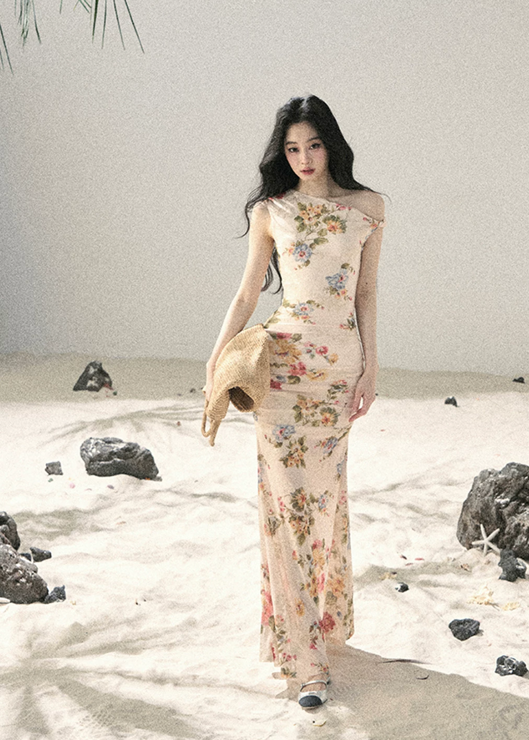 aomalm floral dress, mesh floral dress, one shoulder dress, korean feminine dress, romantic summer dress, bodycon floral dress, french style floral dress, mini floral dress, long floral dress, summer date dress, elegant mesh dress, soft girl floral outfit