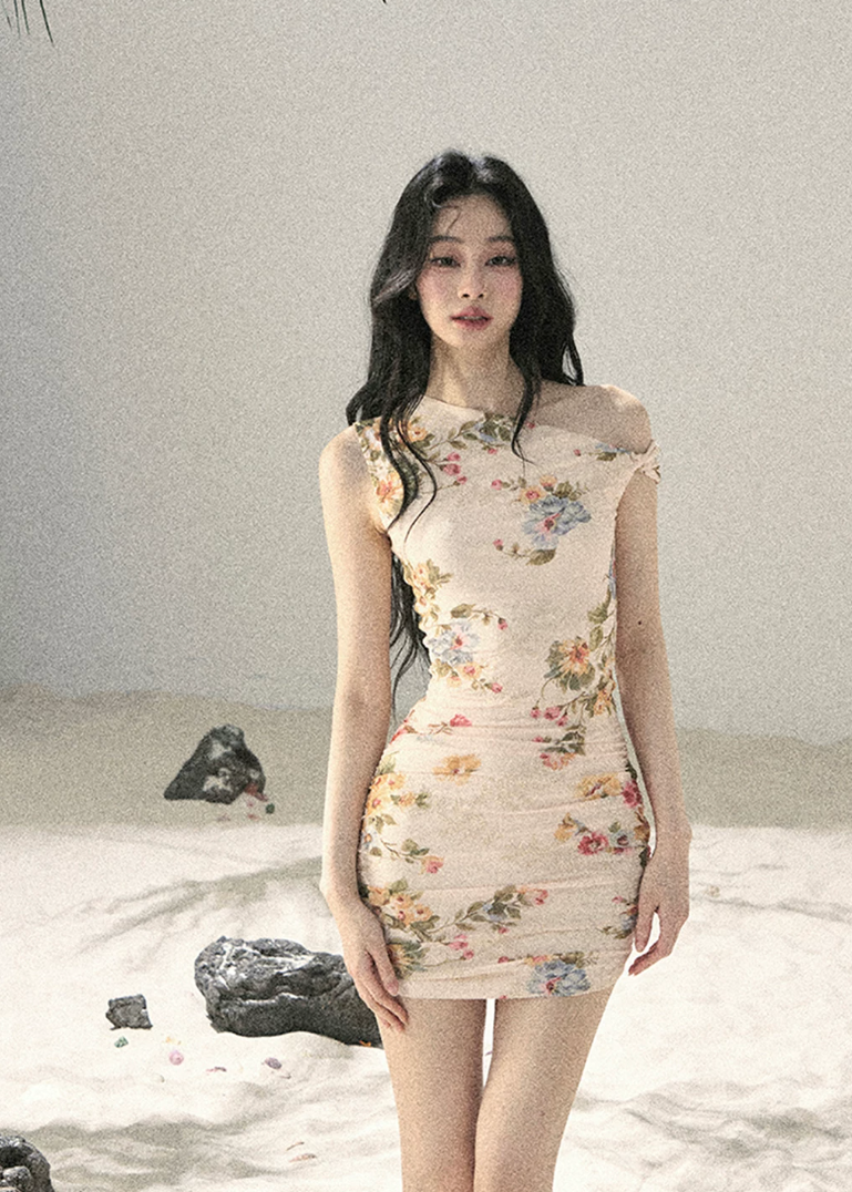 aomalm floral dress, mesh floral dress, one shoulder dress, korean feminine dress, romantic summer dress, bodycon floral dress, french style floral dress, mini floral dress, long floral dress, summer date dress, elegant mesh dress, soft girl floral outfit