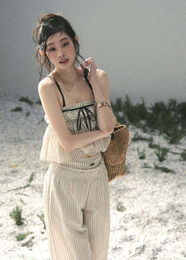 aomalm set, cotton two piece set, striped summer set, korean fashion set, camisole and pants set, wide leg pants set women, ivory summer co ord, feminine korean outfit, vacation outfit women, breathable cotton set, relaxed summer outfit, soft girl summer set