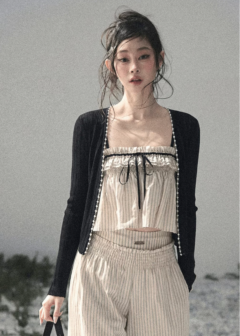 aomalm set, cotton two piece set, striped summer set, korean fashion set, camisole and pants set, wide leg pants set women, ivory summer co ord, feminine korean outfit, vacation outfit women, breathable cotton set, relaxed summer outfit, soft girl summer set