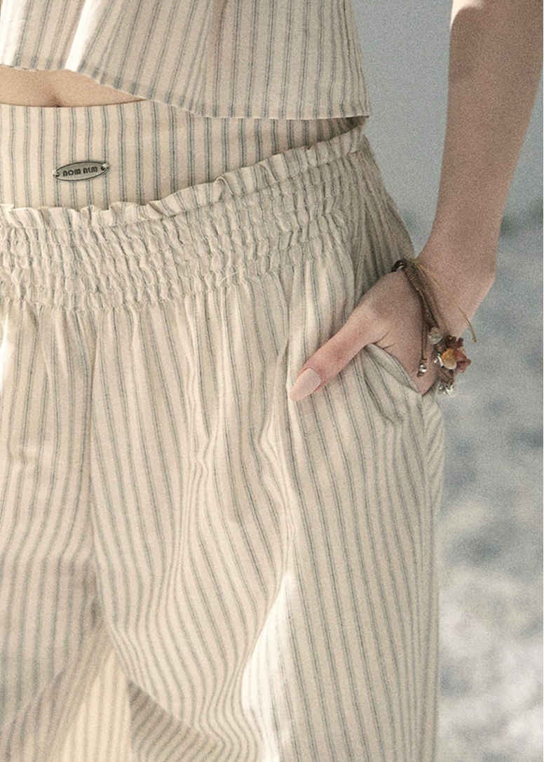 aomalm set, cotton two piece set, striped summer set, korean fashion set, camisole and pants set, wide leg pants set women, ivory summer co ord, feminine korean outfit, vacation outfit women, breathable cotton set, relaxed summer outfit, soft girl summer set