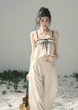 aomalm set, cotton two piece set, striped summer set, korean fashion set, camisole and pants set, wide leg pants set women, ivory summer co ord, feminine korean outfit, vacation outfit women, breathable cotton set, relaxed summer outfit, soft girl summer set