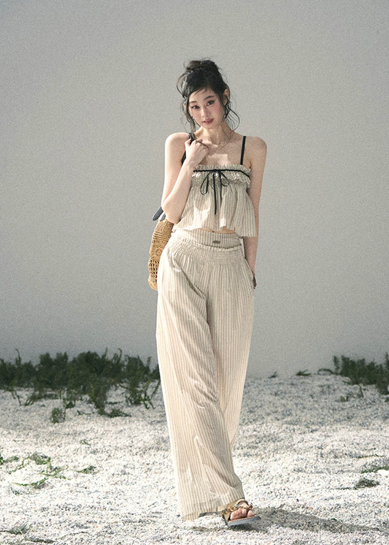 aomalm set, cotton two piece set, striped summer set, korean fashion set, camisole and pants set, wide leg pants set women, ivory summer co ord, feminine korean outfit, vacation outfit women, breathable cotton set, relaxed summer outfit, soft girl summer set