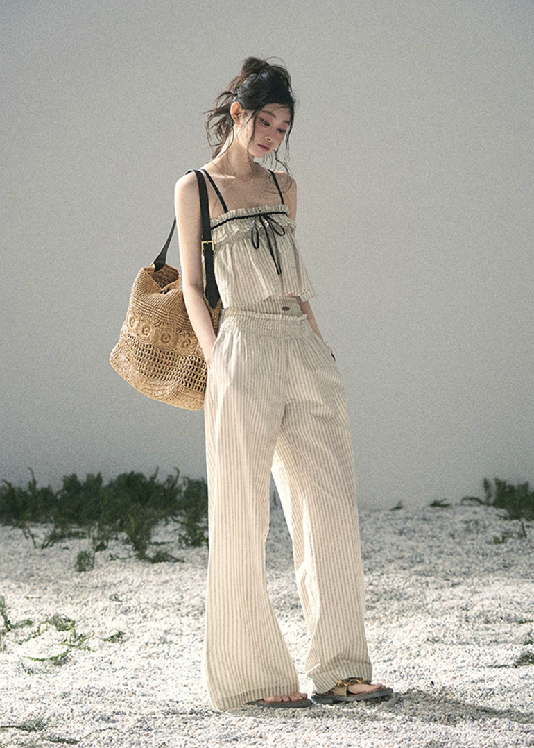 aomalm set, cotton two piece set, striped summer set, korean fashion set, camisole and pants set, wide leg pants set women, ivory summer co ord, feminine korean outfit, vacation outfit women, breathable cotton set, relaxed summer outfit, soft girl summer set