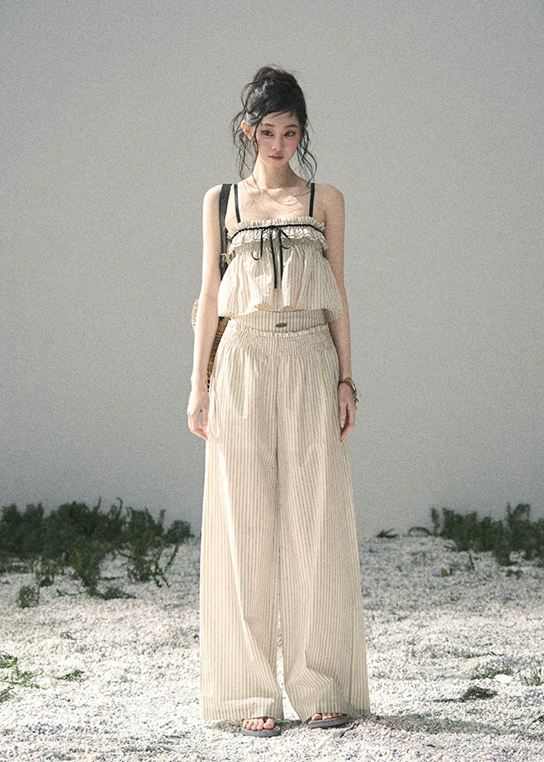 aomalm set, cotton two piece set, striped summer set, korean fashion set, camisole and pants set, wide leg pants set women, ivory summer co ord, feminine korean outfit, vacation outfit women, breathable cotton set, relaxed summer outfit, soft girl summer set