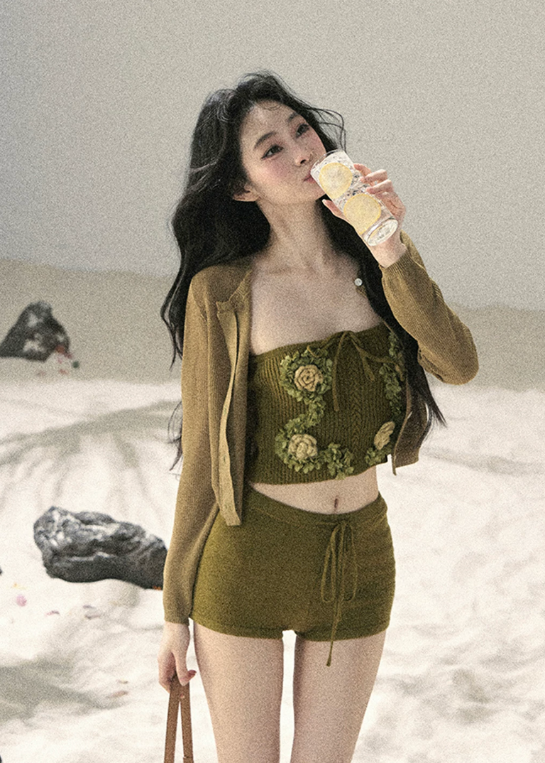 aomalm set, three piece set women, floral bandeau set, korean summer set, olive green co ord, french feminine outfit, 3d floral top, cardigan and shorts set, resort outfit women, romantic summer set, knit shorts set, feminine korean fashion