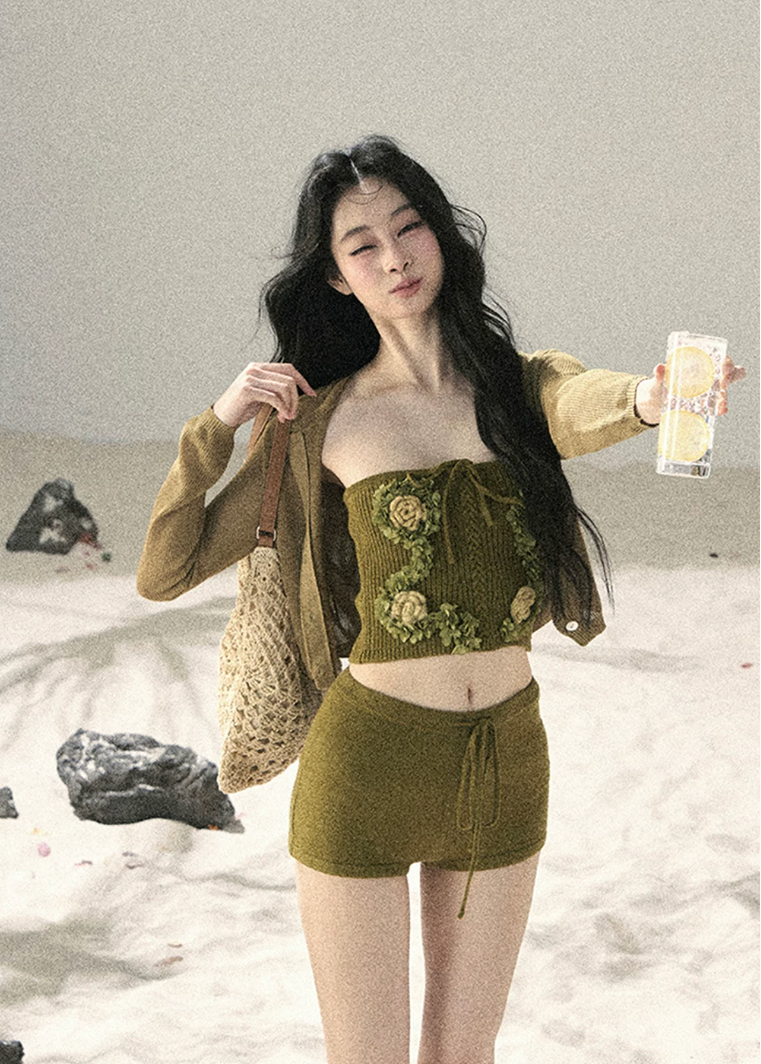 aomalm set, three piece set women, floral bandeau set, korean summer set, olive green co ord, french feminine outfit, 3d floral top, cardigan and shorts set, resort outfit women, romantic summer set, knit shorts set, feminine korean fashion
