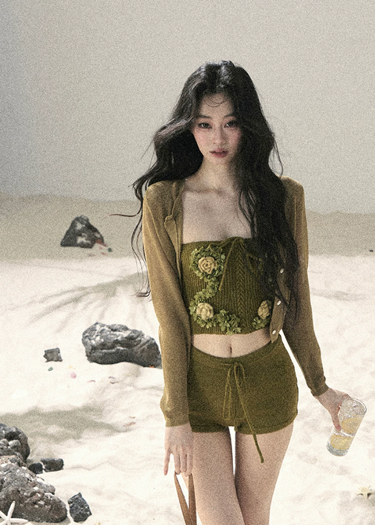 aomalm set, three piece set women, floral bandeau set, korean summer set, olive green co ord, french feminine outfit, 3d floral top, cardigan and shorts set, resort outfit women, romantic summer set, knit shorts set, feminine korean fashion