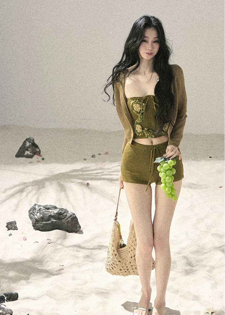aomalm set, three piece set women, floral bandeau set, korean summer set, olive green co ord, french feminine outfit, 3d floral top, cardigan and shorts set, resort outfit women, romantic summer set, knit shorts set, feminine korean fashion