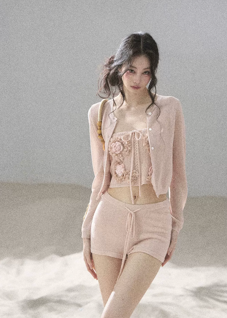 aomalm set, three piece set women, floral bandeau set, korean summer set, olive green co ord, french feminine outfit, 3d floral top, cardigan and shorts set, resort outfit women, romantic summer set, knit shorts set, feminine korean fashion