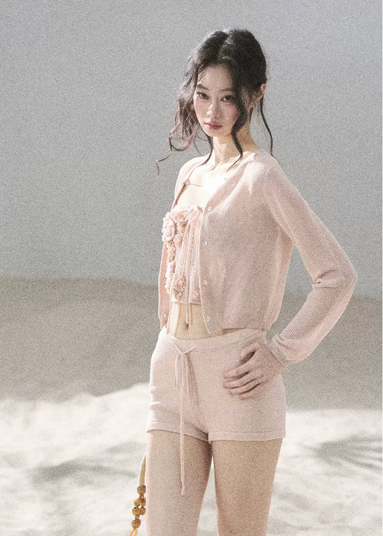 aomalm set, three piece set women, floral bandeau set, korean summer set, olive green co ord, french feminine outfit, 3d floral top, cardigan and shorts set, resort outfit women, romantic summer set, knit shorts set, feminine korean fashion