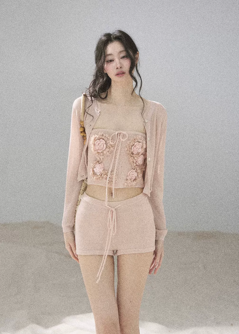 aomalm set, three piece set women, floral bandeau set, korean summer set, olive green co ord, french feminine outfit, 3d floral top, cardigan and shorts set, resort outfit women, romantic summer set, knit shorts set, feminine korean fashion