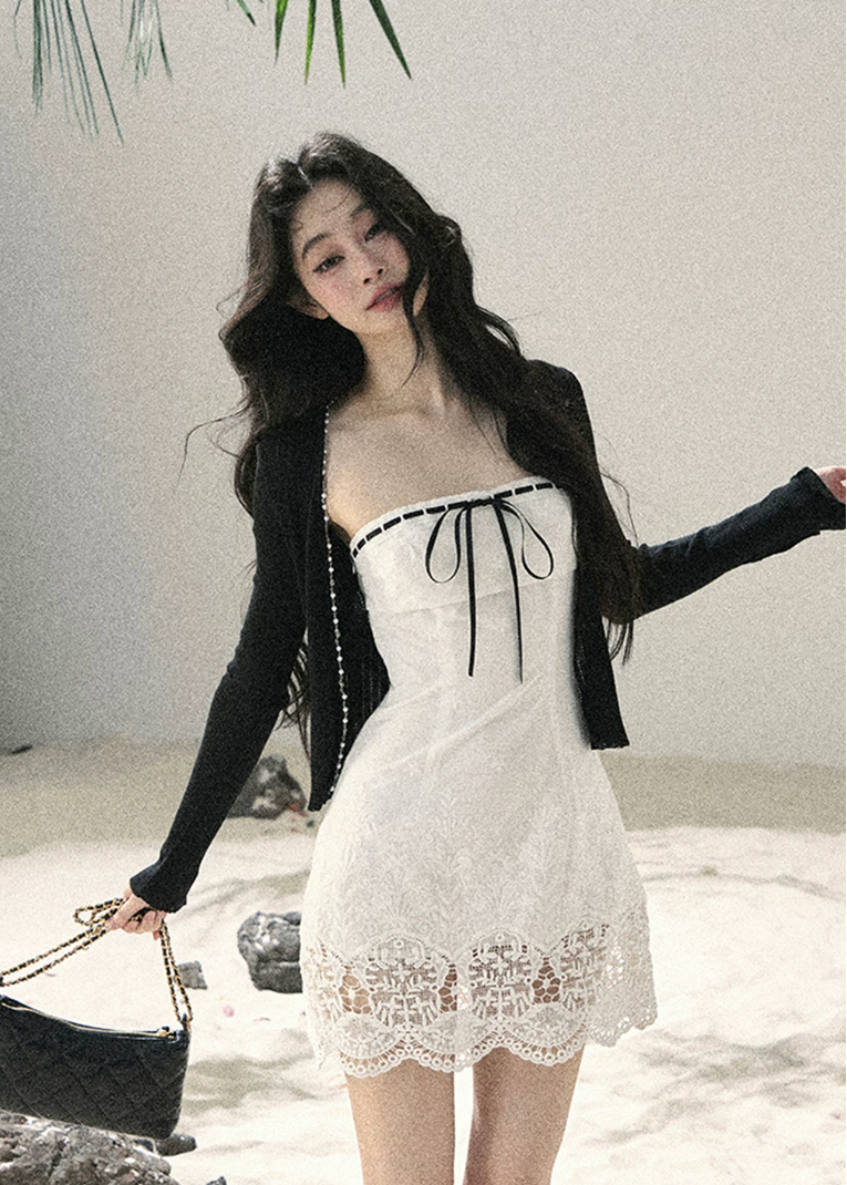 aomalm dress, white lace mini dress, korean feminine dress, french style mini dress, ribbon trim dress, lace hem dress, romantic summer dress, body skimming mini dress, cute white dress women, elegant summer mini dress, date night dress, korean summer outfit