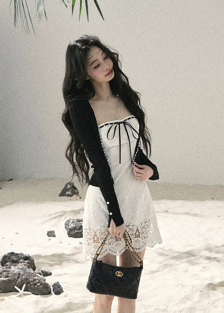 aomalm dress, white lace mini dress, korean feminine dress, french style mini dress, ribbon trim dress, lace hem dress, romantic summer dress, body skimming mini dress, cute white dress women, elegant summer mini dress, date night dress, korean summer outfit