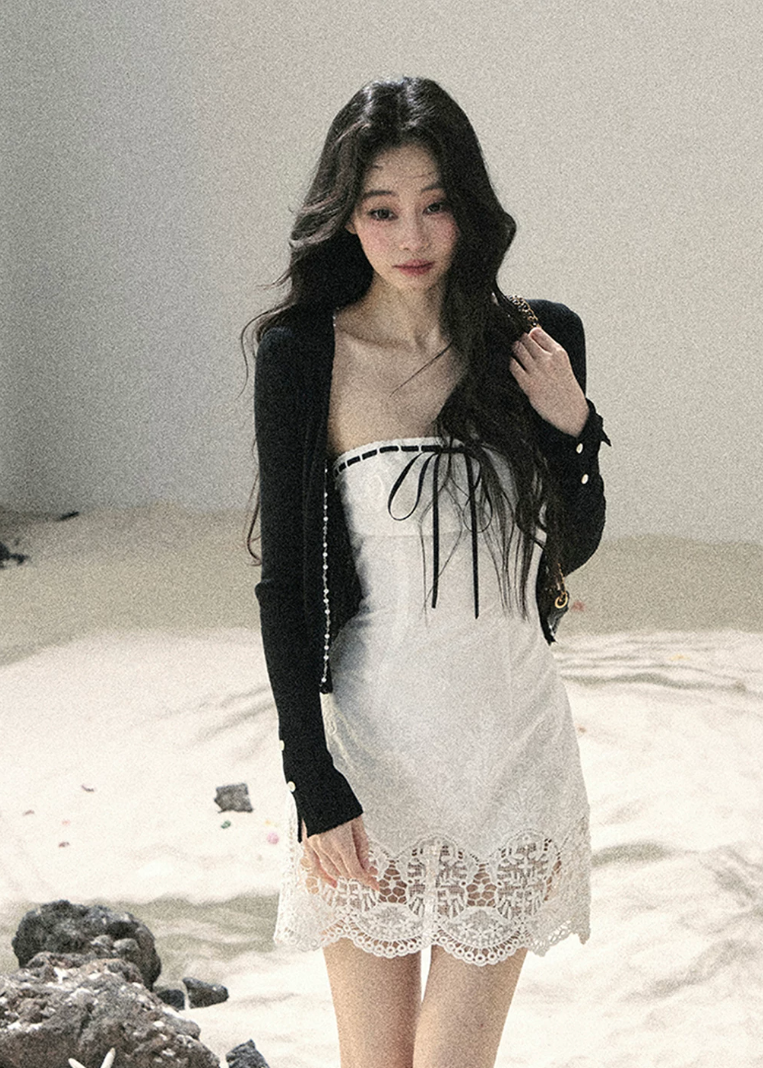 aomalm dress, white lace mini dress, korean feminine dress, french style mini dress, ribbon trim dress, lace hem dress, romantic summer dress, body skimming mini dress, cute white dress women, elegant summer mini dress, date night dress, korean summer outfit