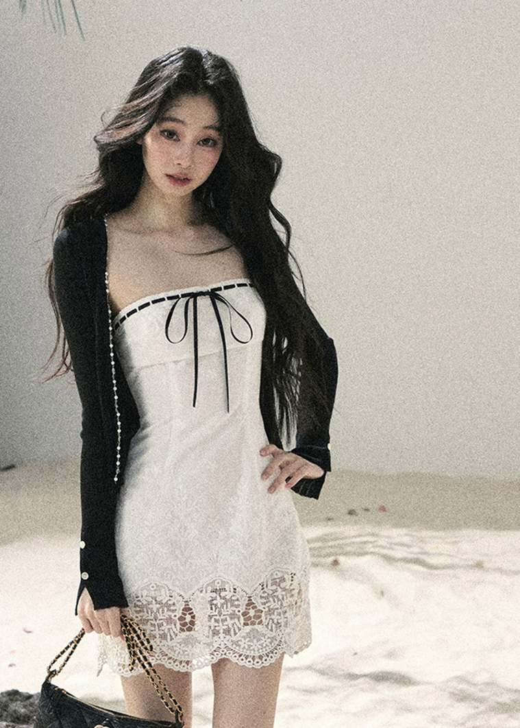 aomalm dress, white lace mini dress, korean feminine dress, french style mini dress, ribbon trim dress, lace hem dress, romantic summer dress, body skimming mini dress, cute white dress women, elegant summer mini dress, date night dress, korean summer outfit