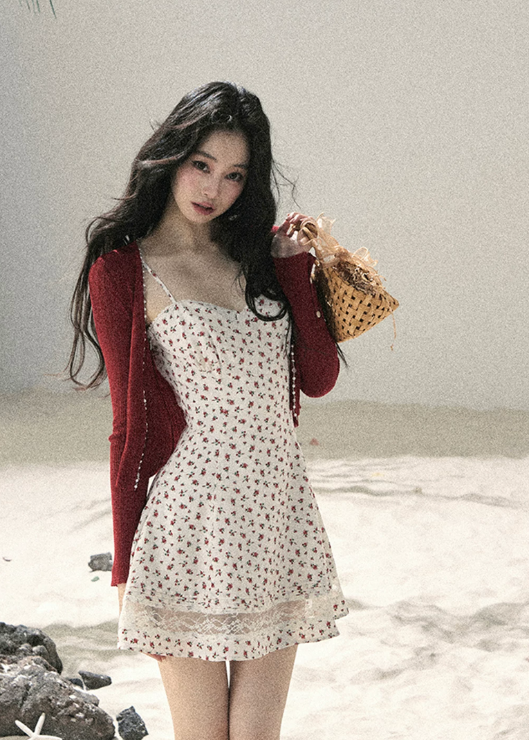 aomalm floral dress, floral slip dress set, korean feminine dress, french style mini dress, lace trim slip dress, cardigan and dress set, romantic summer dress, floral mini dress women, korean summer outfit, cute floral dress, feminine vacation dress, lace floral dress