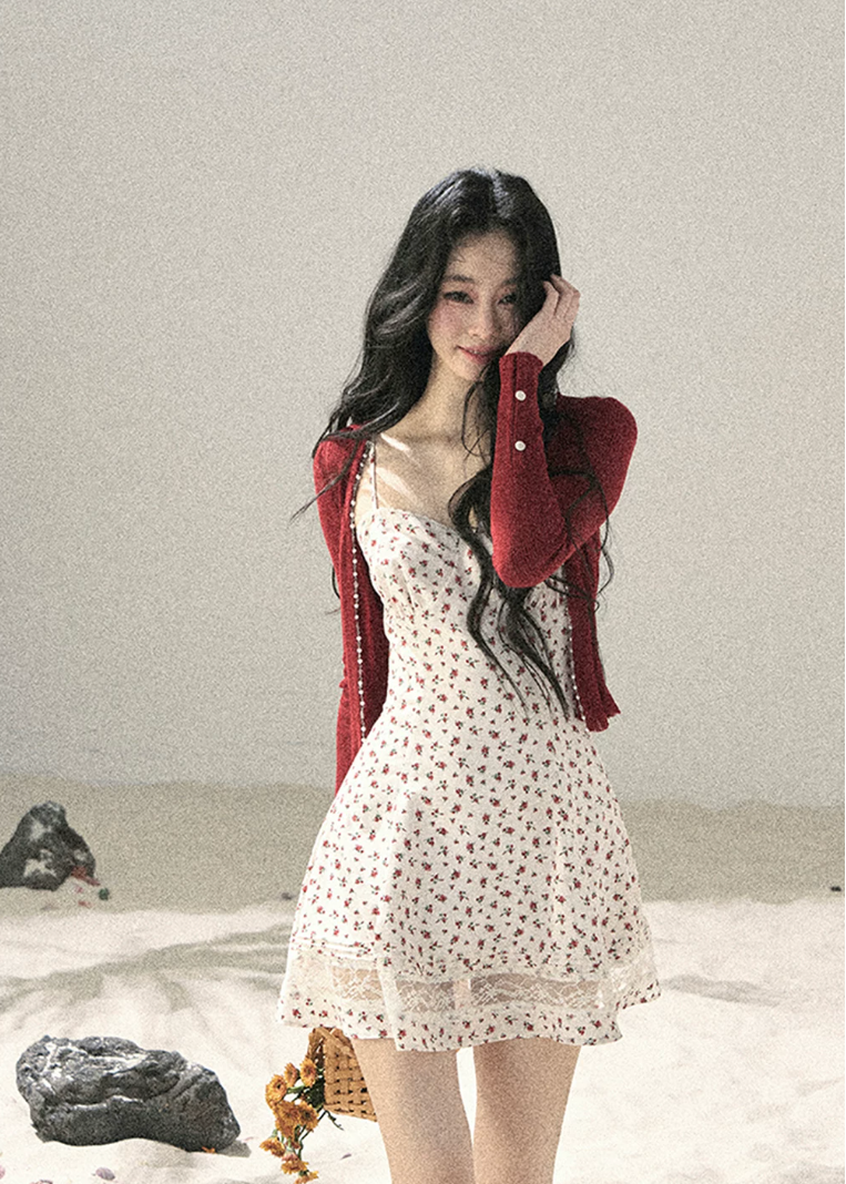aomalm floral dress, floral slip dress set, korean feminine dress, french style mini dress, lace trim slip dress, cardigan and dress set, romantic summer dress, floral mini dress women, korean summer outfit, cute floral dress, feminine vacation dress, lace floral dress