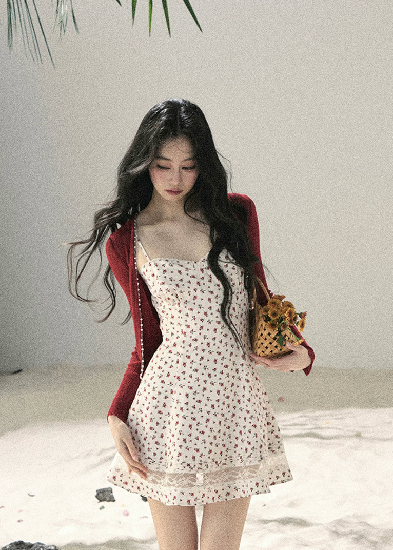 aomalm floral dress, floral slip dress set, korean feminine dress, french style mini dress, lace trim slip dress, cardigan and dress set, romantic summer dress, floral mini dress women, korean summer outfit, cute floral dress, feminine vacation dress, lace floral dress