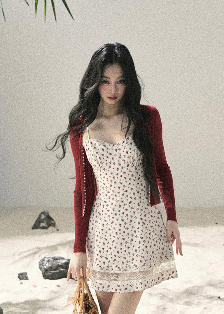 aomalm floral dress, floral slip dress set, korean feminine dress, french style mini dress, lace trim slip dress, cardigan and dress set, romantic summer dress, floral mini dress women, korean summer outfit, cute floral dress, feminine vacation dress, lace floral dress