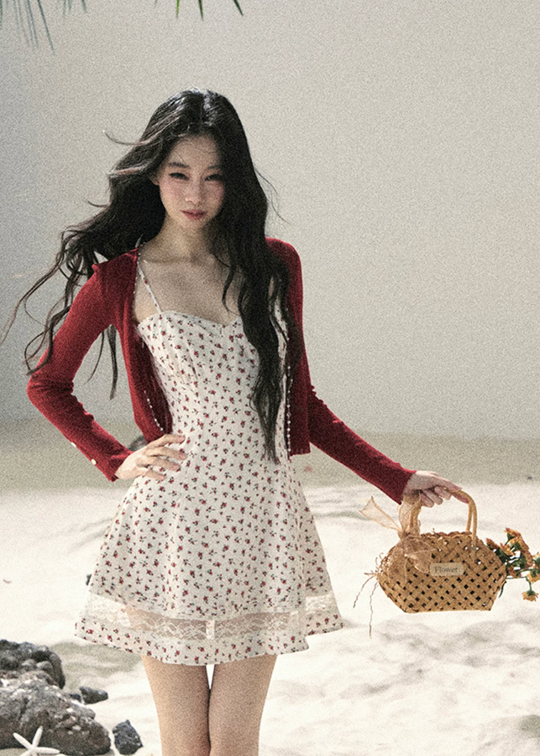 aomalm floral dress, floral slip dress set, korean feminine dress, french style mini dress, lace trim slip dress, cardigan and dress set, romantic summer dress, floral mini dress women, korean summer outfit, cute floral dress, feminine vacation dress, lace floral dress
