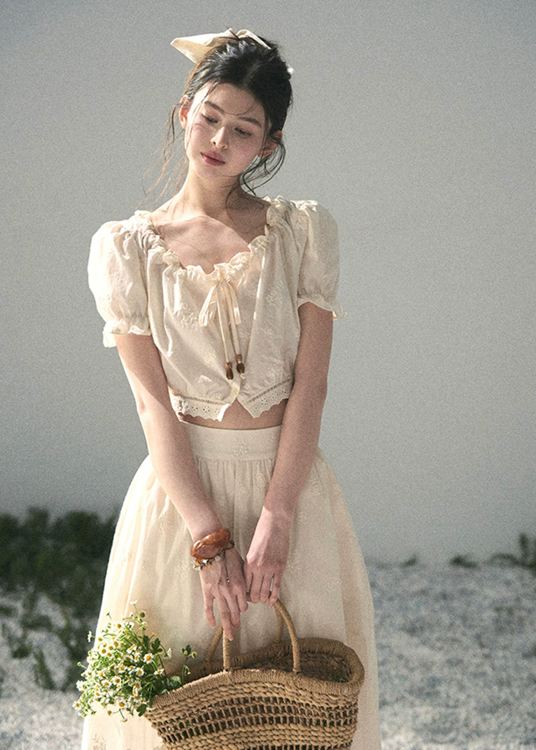 aomalm set, cotton two piece set, ivory skirt set, korean fashion set, puff sleeve top set, long skirt set women, romantic summer outfit, feminine korean outfit, vacation outfit women, cotton summer co ord, soft girl summer set, garden style outfit