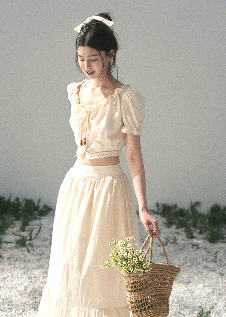 aomalm set, cotton two piece set, ivory skirt set, korean fashion set, puff sleeve top set, long skirt set women, romantic summer outfit, feminine korean outfit, vacation outfit women, cotton summer co ord, soft girl summer set, garden style outfit