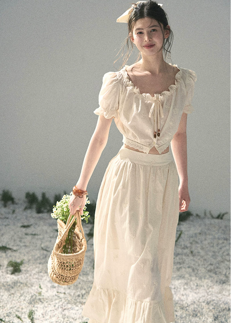 aomalm set, cotton two piece set, ivory skirt set, korean fashion set, puff sleeve top set, long skirt set women, romantic summer outfit, feminine korean outfit, vacation outfit women, cotton summer co ord, soft girl summer set, garden style outfit