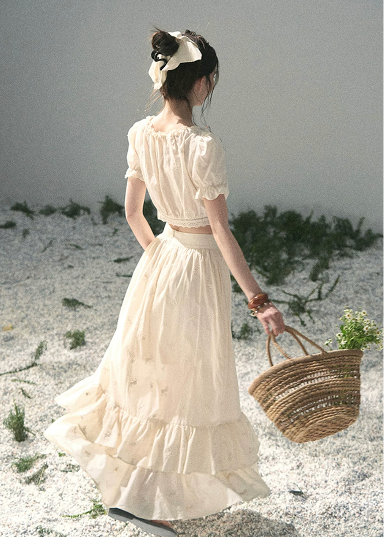 aomalm set, cotton two piece set, ivory skirt set, korean fashion set, puff sleeve top set, long skirt set women, romantic summer outfit, feminine korean outfit, vacation outfit women, cotton summer co ord, soft girl summer set, garden style outfit