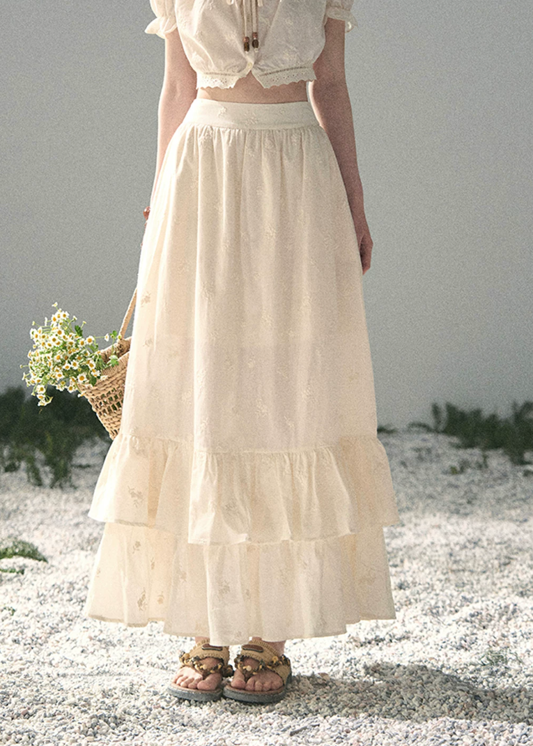 aomalm set, cotton two piece set, ivory skirt set, korean fashion set, puff sleeve top set, long skirt set women, romantic summer outfit, feminine korean outfit, vacation outfit women, cotton summer co ord, soft girl summer set, garden style outfit