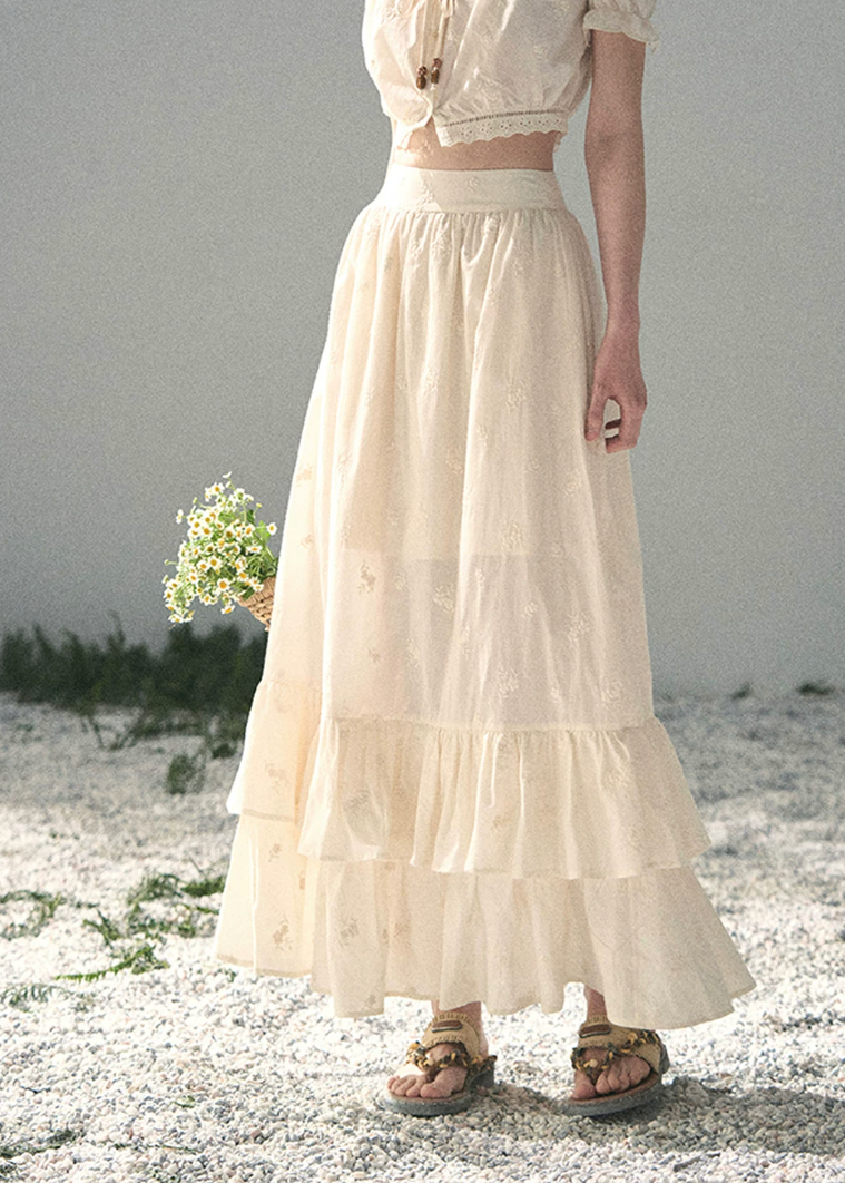 aomalm set, cotton two piece set, ivory skirt set, korean fashion set, puff sleeve top set, long skirt set women, romantic summer outfit, feminine korean outfit, vacation outfit women, cotton summer co ord, soft girl summer set, garden style outfit