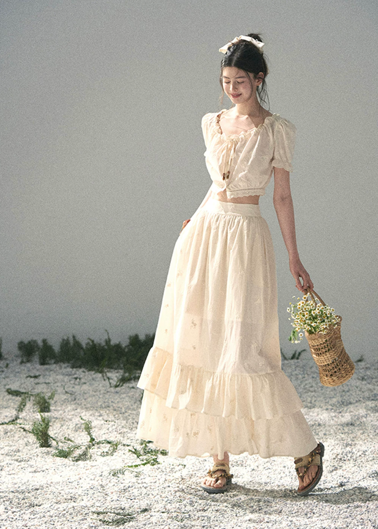 aomalm set, cotton two piece set, ivory skirt set, korean fashion set, puff sleeve top set, long skirt set women, romantic summer outfit, feminine korean outfit, vacation outfit women, cotton summer co ord, soft girl summer set, garden style outfit