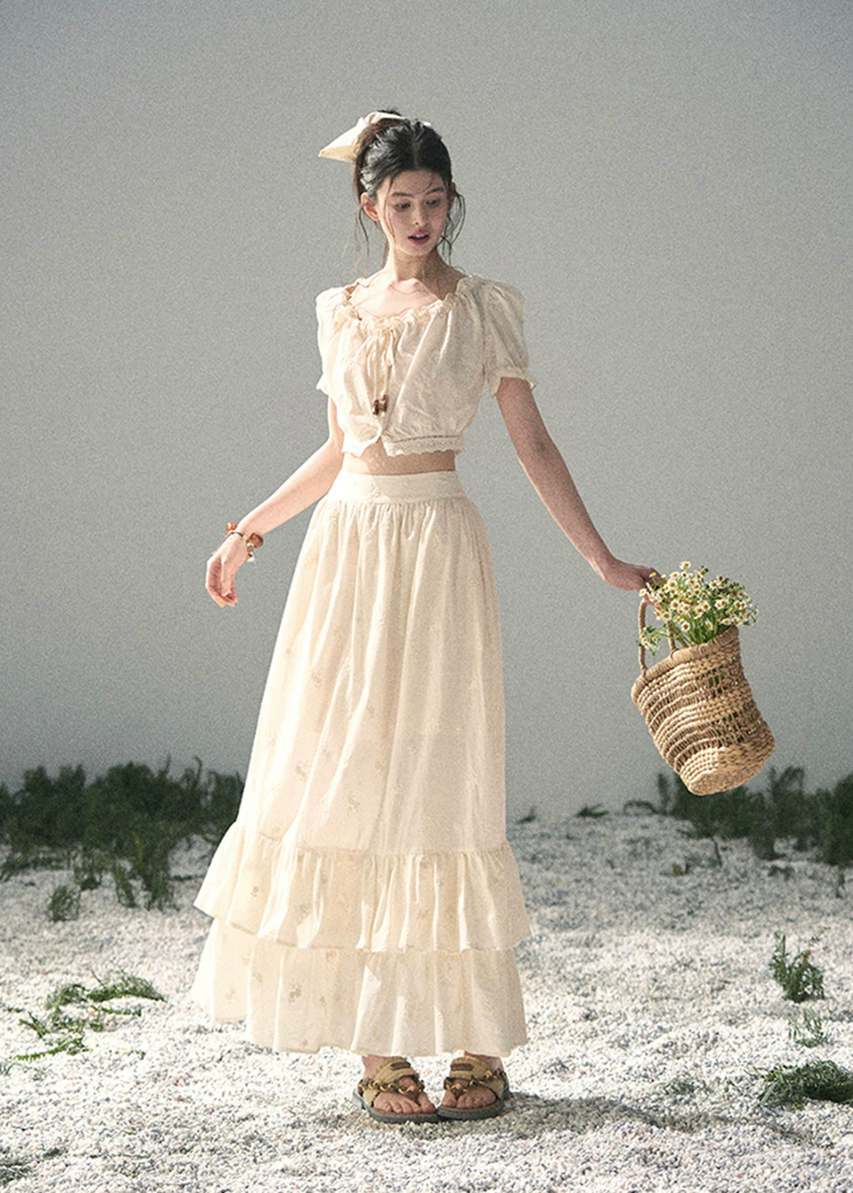 aomalm set, cotton two piece set, ivory skirt set, korean fashion set, puff sleeve top set, long skirt set women, romantic summer outfit, feminine korean outfit, vacation outfit women, cotton summer co ord, soft girl summer set, garden style outfit