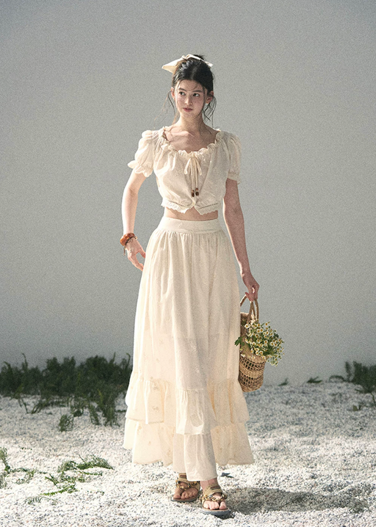 aomalm set, cotton two piece set, ivory skirt set, korean fashion set, puff sleeve top set, long skirt set women, romantic summer outfit, feminine korean outfit, vacation outfit women, cotton summer co ord, soft girl summer set, garden style outfit