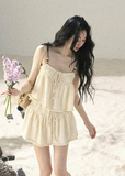 aomalm set, camisole skirt set, cotton two piece set, korean fashion set, feminine summer outfit, cream mini skirt set, romantic two piece outfit, french style summer set, soft girl outfit, cotton camisole top, summer co ord set women, mini skirt set