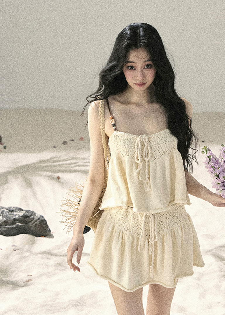 aomalm set, camisole skirt set, cotton two piece set, korean fashion set, feminine summer outfit, cream mini skirt set, romantic two piece outfit, french style summer set, soft girl outfit, cotton camisole top, summer co ord set women, mini skirt set