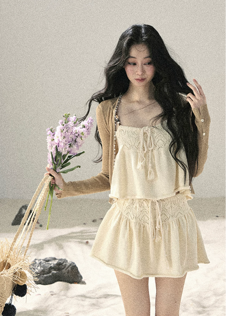 aomalm set, camisole skirt set, cotton two piece set, korean fashion set, feminine summer outfit, cream mini skirt set, romantic two piece outfit, french style summer set, soft girl outfit, cotton camisole top, summer co ord set women, mini skirt set