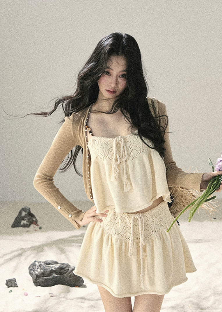 aomalm set, camisole skirt set, cotton two piece set, korean fashion set, feminine summer outfit, cream mini skirt set, romantic two piece outfit, french style summer set, soft girl outfit, cotton camisole top, summer co ord set women, mini skirt set
