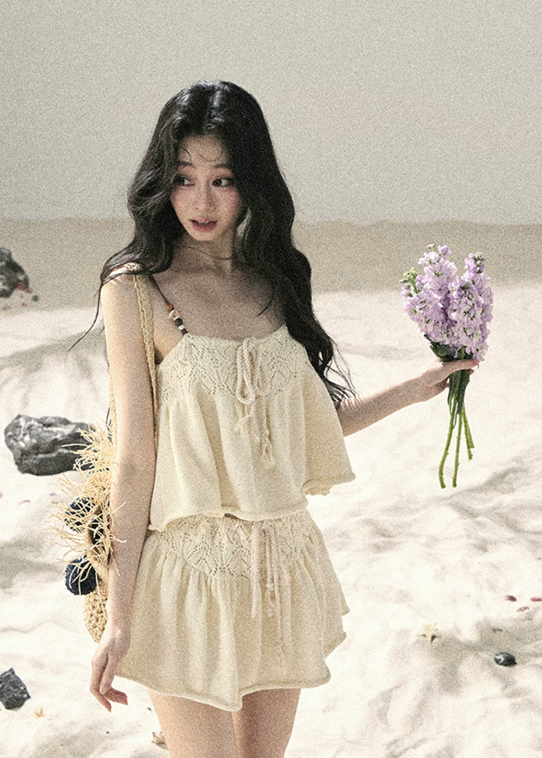 aomalm set, camisole skirt set, cotton two piece set, korean fashion set, feminine summer outfit, cream mini skirt set, romantic two piece outfit, french style summer set, soft girl outfit, cotton camisole top, summer co ord set women, mini skirt set