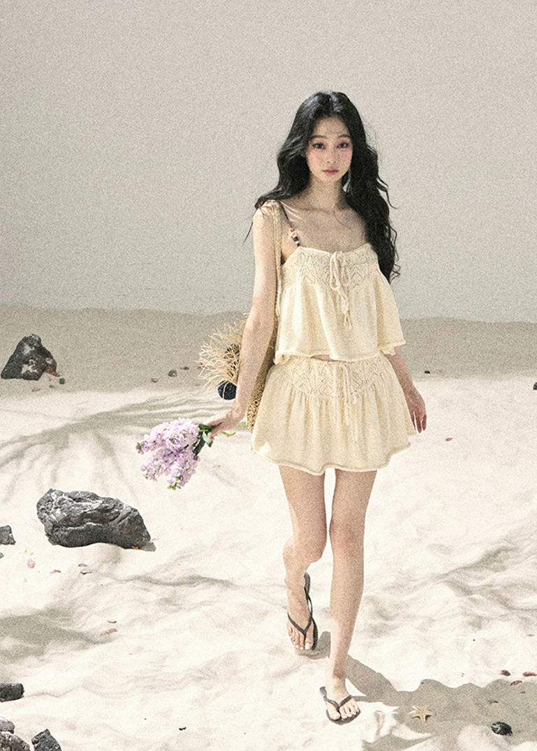 aomalm set, camisole skirt set, cotton two piece set, korean fashion set, feminine summer outfit, cream mini skirt set, romantic two piece outfit, french style summer set, soft girl outfit, cotton camisole top, summer co ord set women, mini skirt set