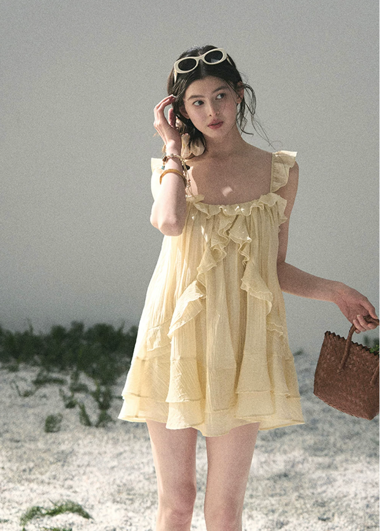 yellow mini dress, babydoll dress, ruffle mini dress, korean fashion dress, feminine summer dress, seaside vacation dress, soft girl mini dress, romantic yellow dress, aomalm dress, lightweight summer dress