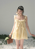 yellow mini dress, babydoll dress, ruffle mini dress, korean fashion dress, feminine summer dress, seaside vacation dress, soft girl mini dress, romantic yellow dress, aomalm dress, lightweight summer dress