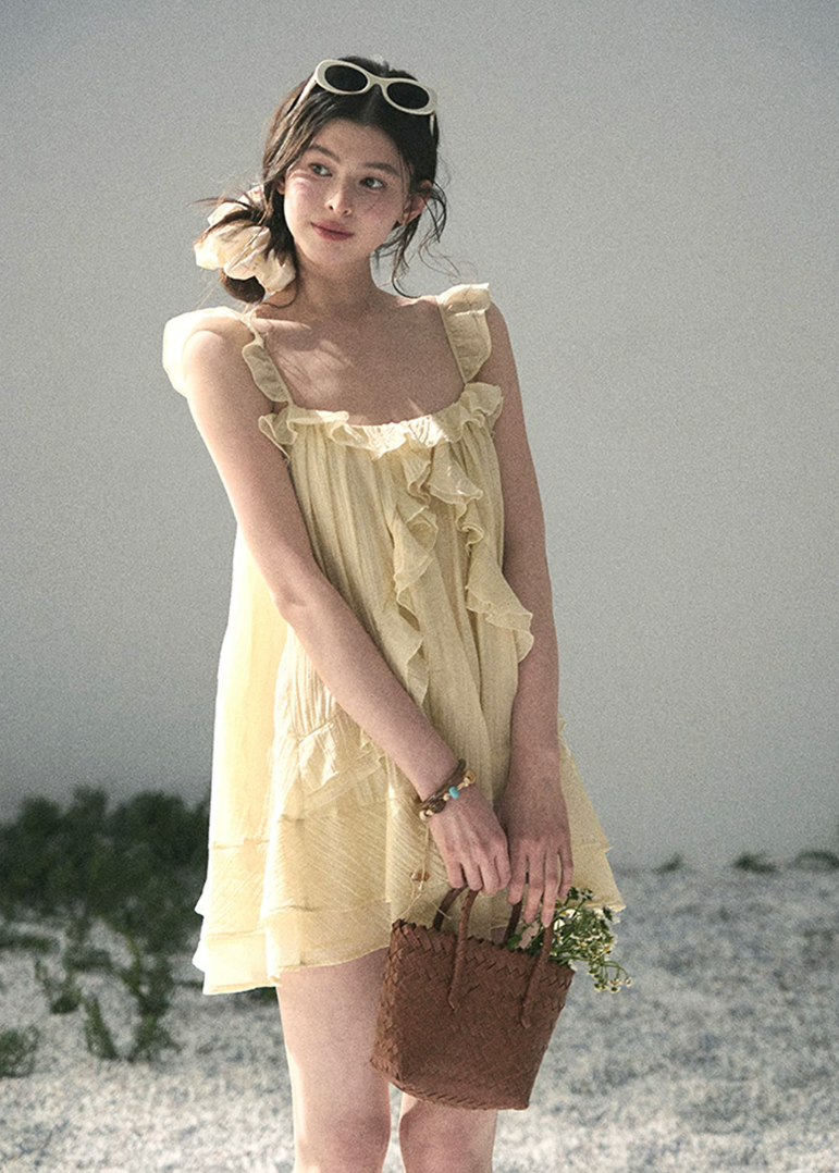yellow mini dress, babydoll dress, ruffle mini dress, korean fashion dress, feminine summer dress, seaside vacation dress, soft girl mini dress, romantic yellow dress, aomalm dress, lightweight summer dress